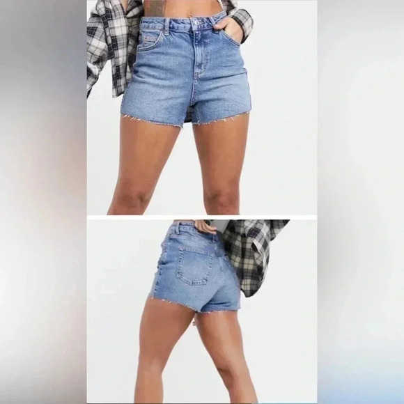 TOPSHOP mom blue Jean denimshorts frayed edges US women’s  14 - Picture 2 of 9